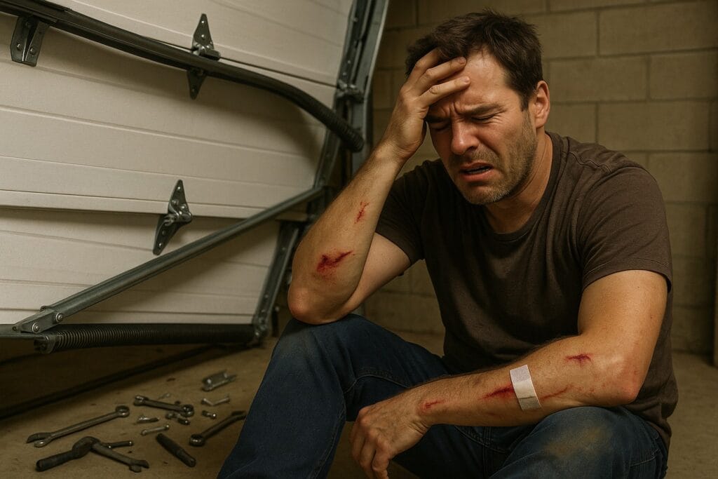 The Hidden Dangers of DIY New Garage Door Installation Projects 3 Injured man sitting in front of a collapsed garage door with tools scattered around, showing the physical risks and consequences of attempting a new garage door installation without professional help.