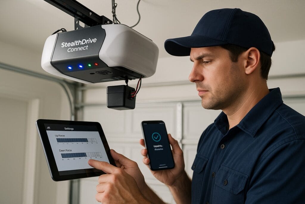 The Hidden Dangers of DIY New Garage Door Installation Projects 3 Technician performing smart garage door maintenance by adjusting force settings on a tablet and confirming updates on a smartphone for a StealthDrive Connect opener.