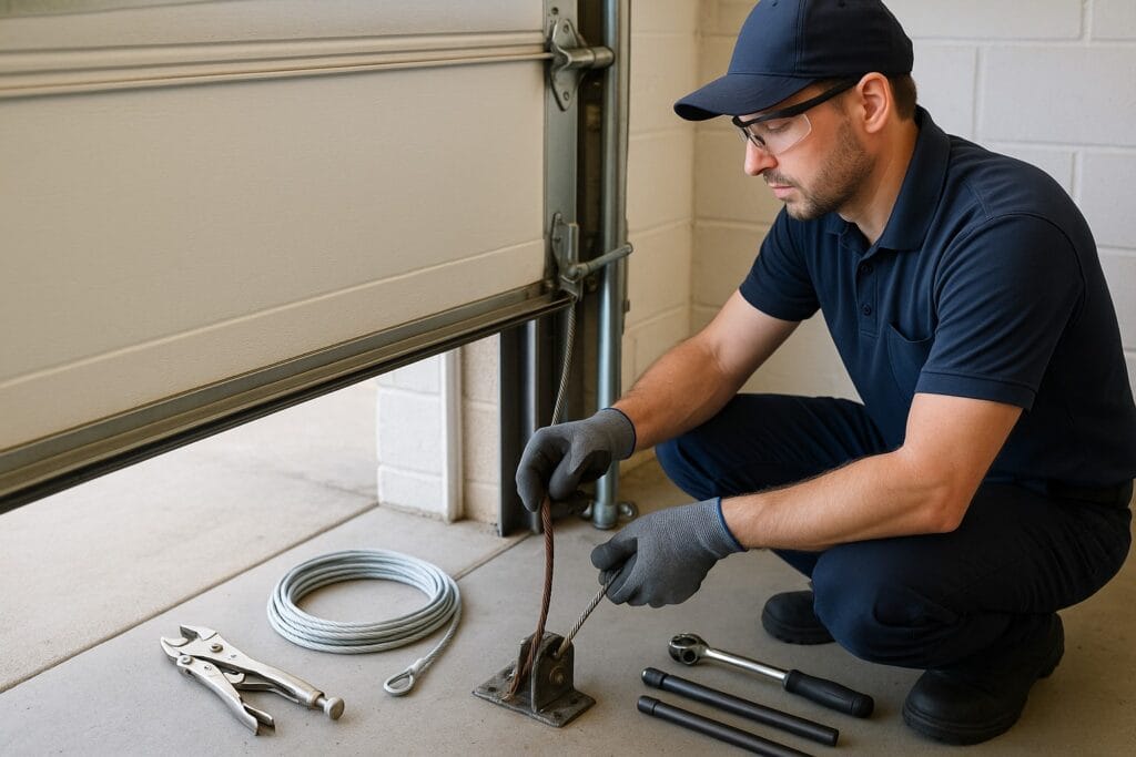 Garage Door Cable Replacement for Rental Properties: Landlord Tips 3 Technician replacing a rusted garage door cable with a new steel cable, surrounded by tools for garage door cable replacement.