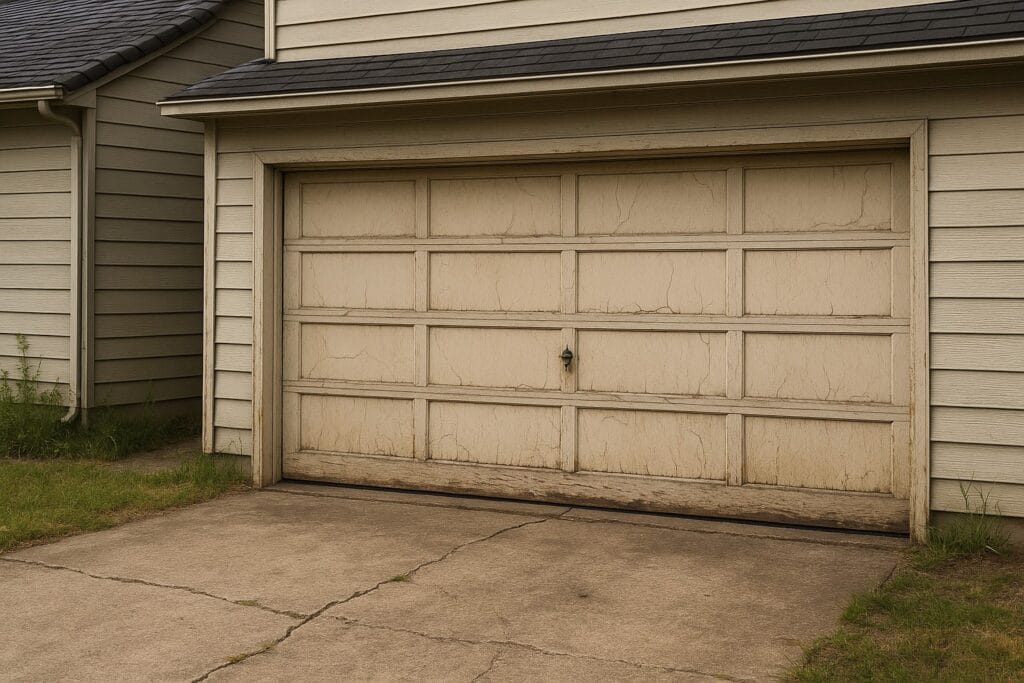 When to Replace Your Garage Door: How a New One Can Improve Your Life 2 Aging and weathered garage door with peeling paint and visible cracks, indicating the need for replacement with a new garage door.