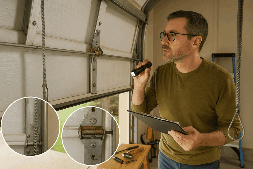 Garage Door Repairs for Detached Garages in Houston, TX 3 Inspector checking worn cables and rusted hardware during garage door repairs.