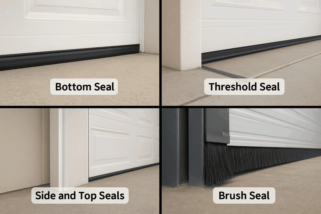 How Garage Door Weather Stripping Helps Protect Houston Homes from Storms 2 Different types of garage door weather stripping including bottom seal, threshold seal, side and top seals, and brush seal.