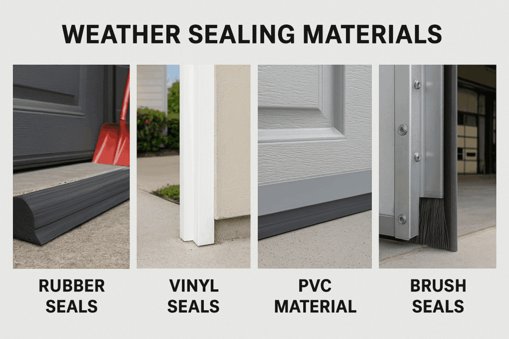 How Garage Door Weather Stripping Helps Protect Houston Homes from Storms 3 Four types of garage door weather stripping materials shown: rubber seals, vinyl seals, PVC material, and brush seals.