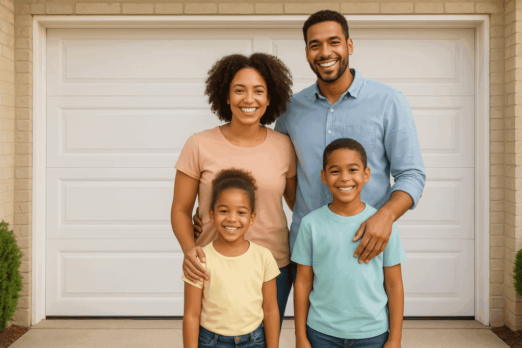 Houston Homeowners: Long-Term Benefits When You Repair Garage Door Systems Regularly 2 Happy family standing together in front of their home with a newly serviced garage door, showing peace of mind after choosing to repair garage door.