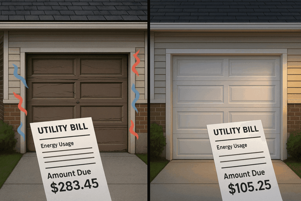 Houston Homeowners: Long-Term Benefits When You Repair Garage Door Systems Regularly 3 Comparison of two garages showing energy savings after repair garage door, with old door causing higher utility bill and new insulated door lowering costs.