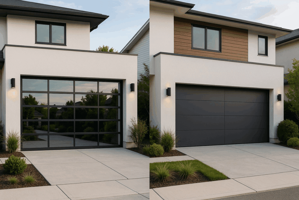 Side by side view of glass and sleek panel modern garage doors on contemporary homes.