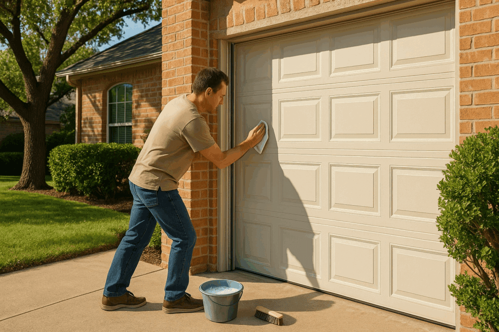 Man cleaning modern garage doors with cloth and bucket outside brick home.
