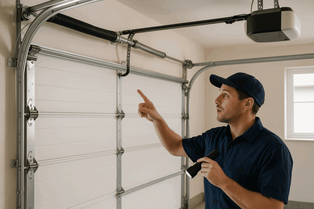 Houston, TX Garage Door Maintenance: Affordable Solutions for Your Garage Door System 2 Professional technician inspecting a garage door torsion spring and opener system with a flashlight to identify potential issues or maintenance needs