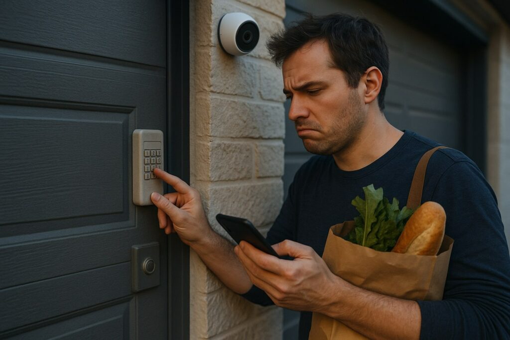 What to Expect from a Garage Door Opener Repair Service in Houston, TX 2 Homeowner frustrated with keypad malfunction needing garage door opener repair outside residential garage.
