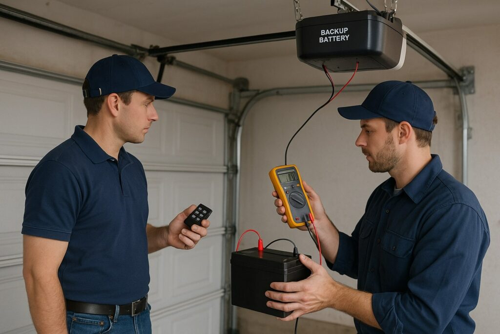 What to Expect from a Garage Door Opener Repair Service in Houston, TX 3 Two technicians testing backup power system during garage door opener repair in residential garage.