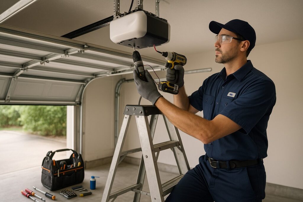 Why Regular Inspections Prevent Emergency Garage Door Repair Calls 3 Garage door repair technician installing a new garage door opener motor on a ladder in a residential garage.