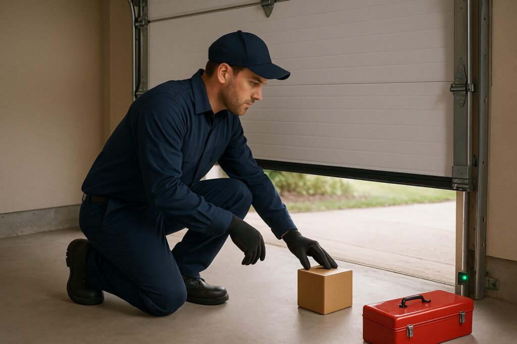 Why Regular Inspections Prevent Emergency Garage Door Repair Calls 2 Garage door repair technician testing garage door safety sensor with a box near the floor.